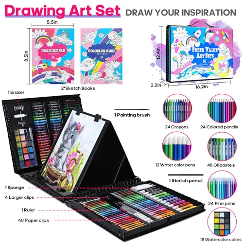 276 PCS Art Supplies Drawing Art Kit for Kids Adults Set with Double Sided Trifold Easel Box with Oil Pastels, Crayons, Colored Pencils, Paint Brush, Watercolor Cakes ect. Gift for Girls Boys Artist