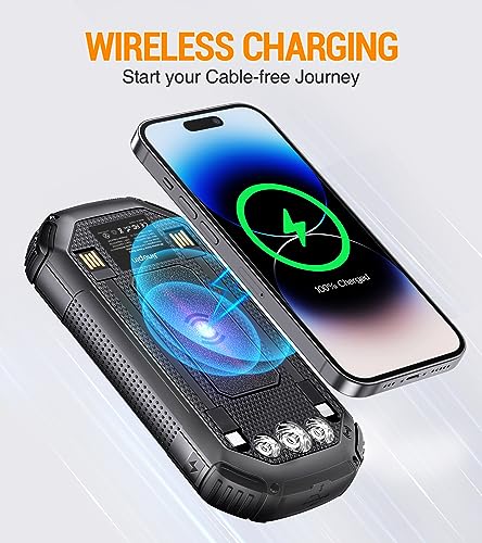 Solar Power Bank 36000mAh,Solar Charger Wireless Built in 3 Cables IPX5 Waterproof Portable Solar External Battery Pack with 3 Input 4 Output 15W USB C Port Camping Flashlight iPhone Samsung Tablet