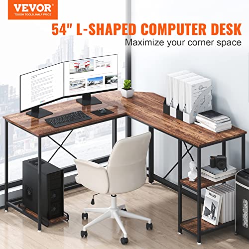 VEVOR Corner 3 Work Gaming Desk with Storage Shelves & CPU Stand, 54 inch, Rustic Brown