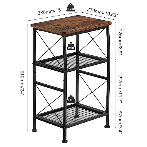 ruboka 3-Tier Small End Tables,Narrow Side Table with Steel Grid Storage Shelves,Slim Nightstand X-Design Sofa Side Table Small Bookshelf Bookcase,Display Rack for Living Room,Bedroom,Rustic Brown