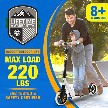 SereneLife Foldable Kick Scooter - Stand Kick Scooter for Teens & Adults with Rubber Grip at Tip, Alloy Deck, Adjustable T-Bar Handlebar Height, Smooth Gliding Wheels, Easy Maneuvering (Black & White)