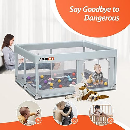 ANJUMY Baby Playpen with Mat Included 50x50 playpen for Babies and Toddlers,Indoor & Outdoor Activity Center,Kids Playpen with Gate,Safety Baby Fence Play Area with 50pcs Ocean Balls,Breathable Mesh