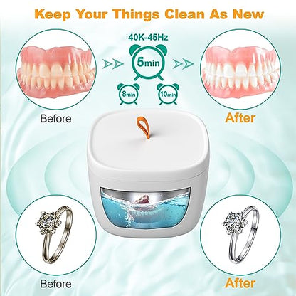 Ultrasonic Jewelry Cleaner Machine, Automatic Ultra Sonic Cleaner for Rings, Glasses, Jewelry, Portable Dentures Cleaner with Three Clean Modes 5 min /8 min /10 min - 45 kHz 225ML
