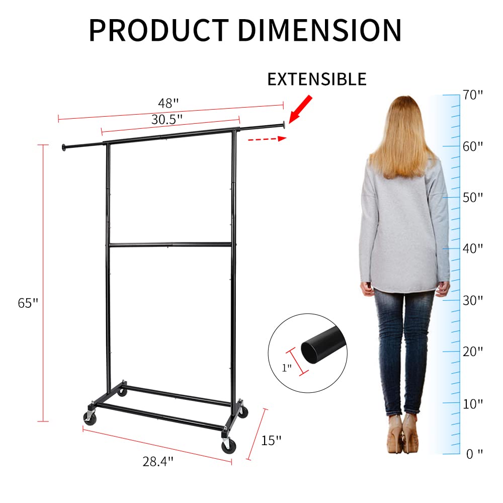 Fishat Simple Standard Double Rod Rolling Clothing Garment Rack for Hanging Clothes, Metal Clothes Organizer with Lockable Wheels (Black)