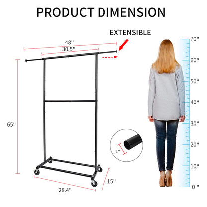 Fishat Simple Standard Double Rod Rolling Clothing Garment Rack for Hanging Clothes, Metal Clothes Organizer with Lockable Wheels (Black)