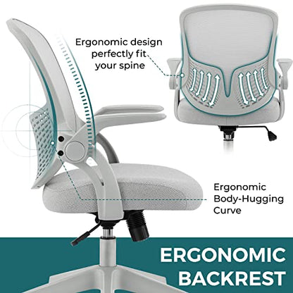 SMUG Home Office Ergonomic Desk Mesh Computer Modern Height Adjustable Swivel Chair with Lumbar Support/Flip-up Arms, Grey, 17" D x 19.5" W x 36" H