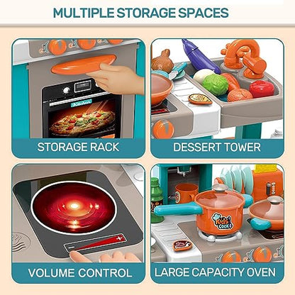 Toddler Play Kitchen- Kitchen Playset Pretend Food - Toy Accessories Set w/Real Sounds & Light, Play Sink, Cooking Stove with Steam, Toddlers Kids 34 inch, Girls & Boys 3+ Years