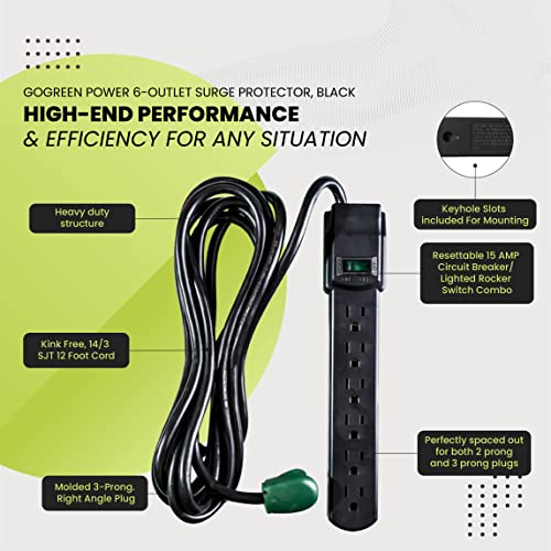 GoGreen Power (GG-16103M-12BK) 6 Outlet Surge Protector, 250 Joules, Black, 12ft Cord