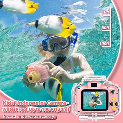 Miiulodi Kids Waterproof Camera - Birthday Gifts for 3 4 5 6 7 8 9 10 Year Old Girls 2 Inch IPS Screen Underwater Action Camera with 32 GB SD Card, Pool Toys for Kids Age 8-12 Pink
