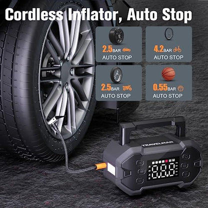 TRAVELMAN T1 Jump Starter with Air Compressor, 150PSI 2000A Car Battery Starter (8.0L Gas/6.5L Diesel) with Digital Tire Inflator, 12V Lithium Battery Booster Jump Box Pack Air Pump