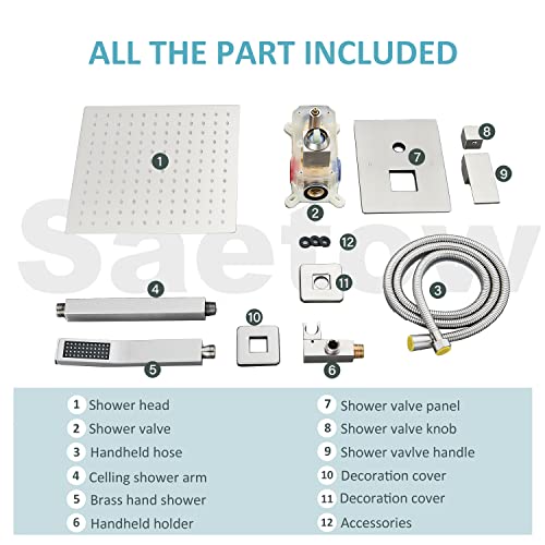 Saetow Brushed Nickel Shower System 12 Inch Shower Head with Hand Held Bathroom Luxury Rain Mixer Shower Combo Set Ceiling Mount,Shower Faucet Set with Valve and Trim