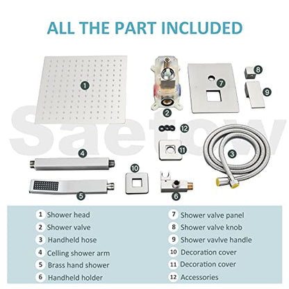 Saetow Brushed Nickel Shower System 12 Inch Shower Head with Hand Held Bathroom Luxury Rain Mixer Shower Combo Set Ceiling Mount,Shower Faucet Set with Valve and Trim