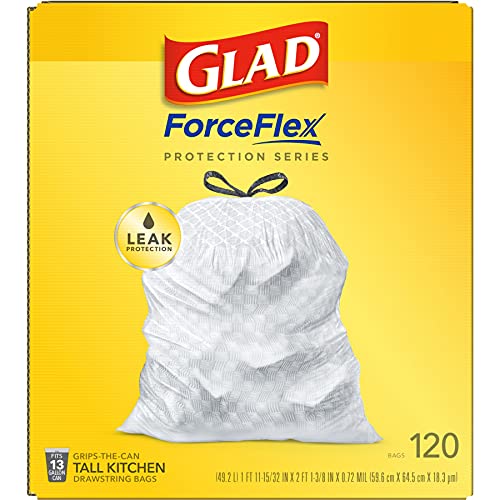 GLAD ForceFlex Tall Drawstring Trash Bags, 13 Gallon White Trash Bags for Tall Kitchen Trash Can, Unscented Leak Protection Bags, 120 Count - Packaging May Vary