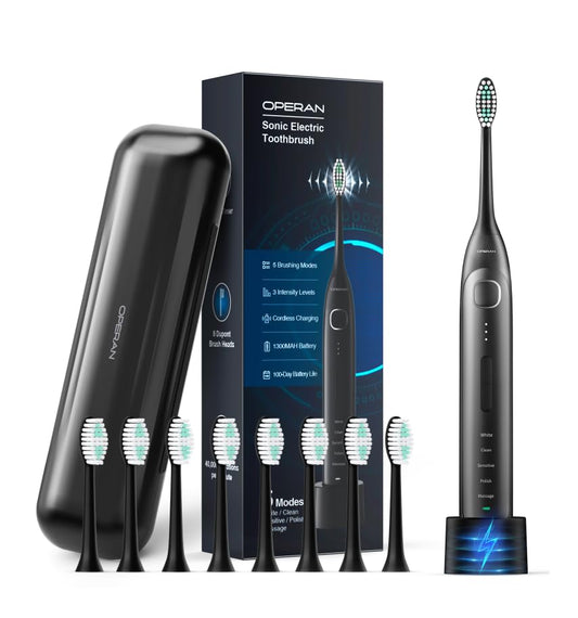 Electric Toothbrush for Adults and Kids Operan Sonic Rechargeable Toothbrush with 5 Modes 2-Min Smart Timer IPX7 Waterproof 40,000 VPM Motor with 8 Brush Heads & Travel Case Black