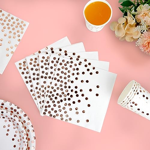 White and Rose Gold Party Supplies - 350 PCS Disposable Dinnerware Set - White Paper Plates Napkins Cups, Gold Plastic Forks Knives Spoon for Graduation, Birthday, Cocktail Party