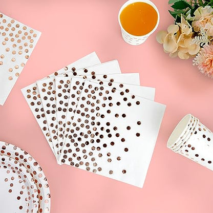 White and Rose Gold Party Supplies - 350 PCS Disposable Dinnerware Set - White Paper Plates Napkins Cups, Gold Plastic Forks Knives Spoon for Graduation, Birthday, Cocktail Party