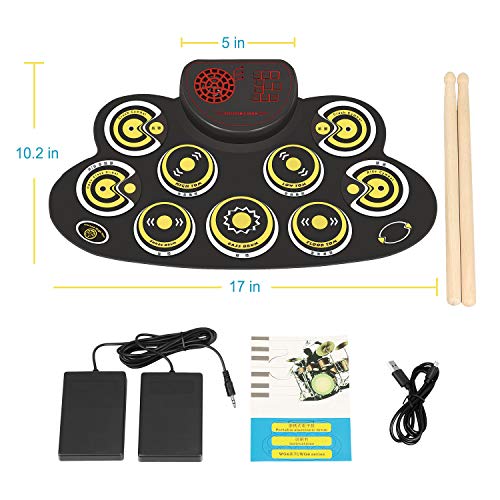 Electronic Drum Set Kids Foldable Practice Drum Pad Rechargeable Drum Kit, Built in Speakers Foot Pedals,Drum Sticks, Birthday Gift for Beginners (Yellow)