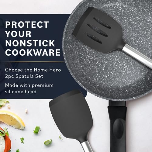Home Hero 2 Pcs Kitchen Utensils Set - Heat Resistant Stainless Steel & Silicone Spatula - Spatula Set for Nonstick Cookware - Slotted & Solid Spatula Set for Kitchen Use - (2Pcs - Black)
