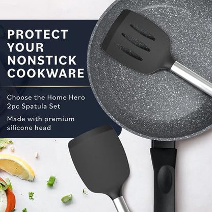 Home Hero 2 Pcs Kitchen Utensils Set - Heat Resistant Stainless Steel & Silicone Spatula - Spatula Set for Nonstick Cookware - Slotted & Solid Spatula Set for Kitchen Use - (2Pcs - Black)