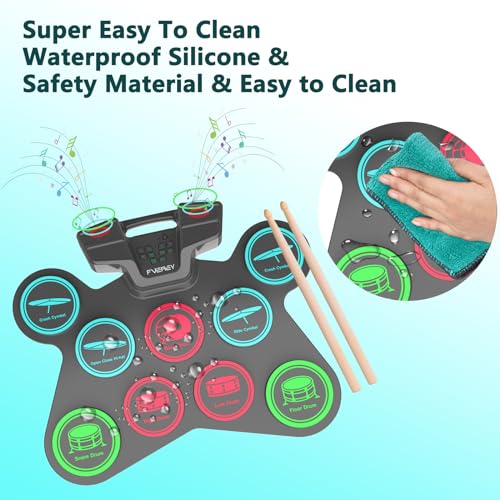 FVEREY Electric Drum Set, 9 Drum Practice Pads, Roll Up Drum Kit, Portable Digital Drum Machine with Headphone Jack, Built-in Speaker, Drum Sticks, Pedals, Christmas Birthday Gift for Beginner, Kids