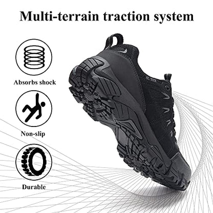 SHULOOK Men's Waterproof Hiking Shoes Lightweight Anti Slip Outdoor Ankle Boots Breathable Hike Trekking Trails Shoe Black/Grey 9