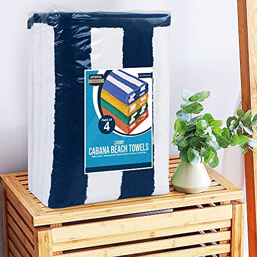 Utopia Towels [4 Pack Cabana Stripe Beach Towel, (30 x 60 Inches) Oversized 100% Ring Spun Cotton Pool Towels, Highly Absorbent Quick Dry Bath Towels for Bathroom, and Swim Towel (Navy)