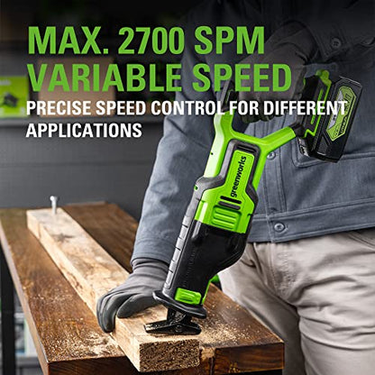 Greenworks 24V Brushless (1-1/8") Cordlesss Reciprocating Saw (2,7000 SPM), 4.0Ah USB Battery and Charger Included