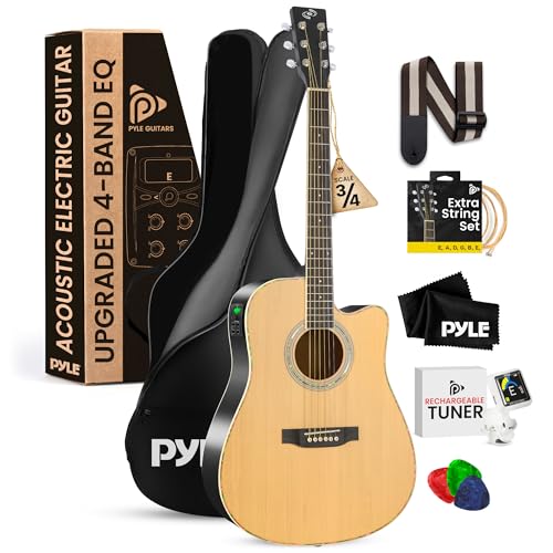 Pyle Acoustic Electric Cutaway Guitar 3/4 Scale 36” Steel String Spruce Wood w/Gig Bag, 4-Band EQ, Clip On and Onboard Tuner, Picks, Shoulder Strap for Beginners and Students