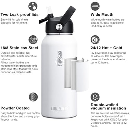 Lumesner Vacuum Insulated Stainless Steel Water Bottle,1200ml/950ml/650ml- 2 Lids (Straw Lid and Spout Lid), 2 Straws Water Bottle (32 oz, Winter White)
