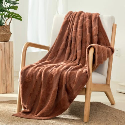 Snuggle Sac Luxury Faux Fur Fuzzy Throw Blanket Knitted Feather Yarn Faux Mink Super Soft Fluffy Lightweight Cozy Decor Blankets with Sahara Textured for Home Bed Couch 50'' x 60" Rust Orange