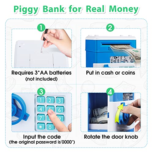MAGIBX Piggy Bank Toys for 4 5 6 7 8 Year Old Boys Gift Ideas, Real Money Saving Box for Boys Toys Age 6-8-10, Christmas Birthday Gifts for 4 5 Year Old Boys ATM Machine for Kids 3-5, Blue Stuff