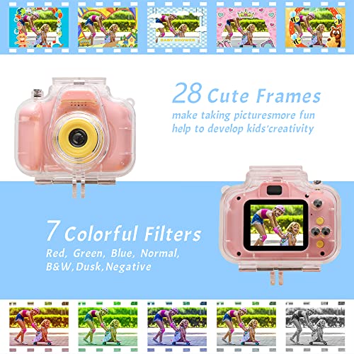 Kids Waterproof Camera Toys for 4-8 Year Old Kids, Children Digital Action Cameras with 16GB Memory Card, Indoor Outdoor Toddler Camera, Birthday Christmast Gifts for KidsAge 5-10 by Elimiic (Pink)