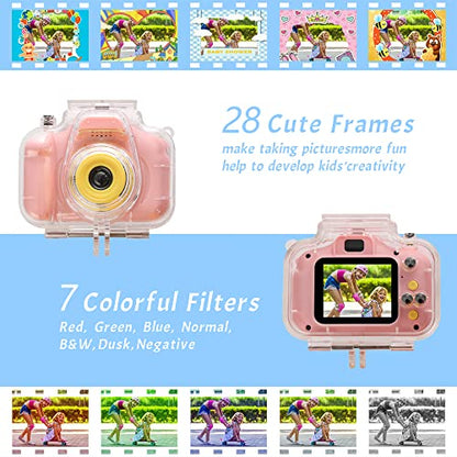 Kids Waterproof Camera Toys for 4-8 Year Old Kids, Children Digital Action Cameras with 16GB Memory Card, Indoor Outdoor Toddler Camera, Birthday Christmast Gifts for KidsAge 5-10 by Elimiic (Pink)