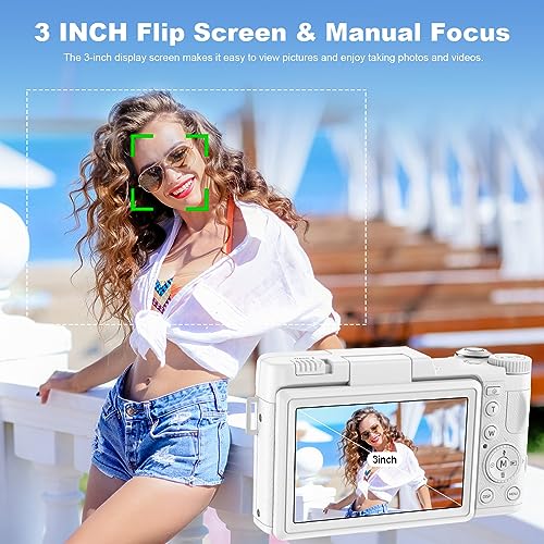 4K Digital Camera for Photography, Autofocus 48MP Vlogging Camera for YouTube with 16X Digital Zoom, White Camera, 3’’180°Flip Screen Compact Video Camera with Liftable Flash, SD Card&2 Batteries