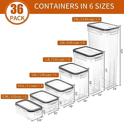 Skroam 36 Pack Airtight Food Storage Containers for Kitchen Pantry Organization and Storage, BPA Free, Plastic Kitchen Storage Containers with Lids for Flour, Sugar, and Cereal, Labels & Marker