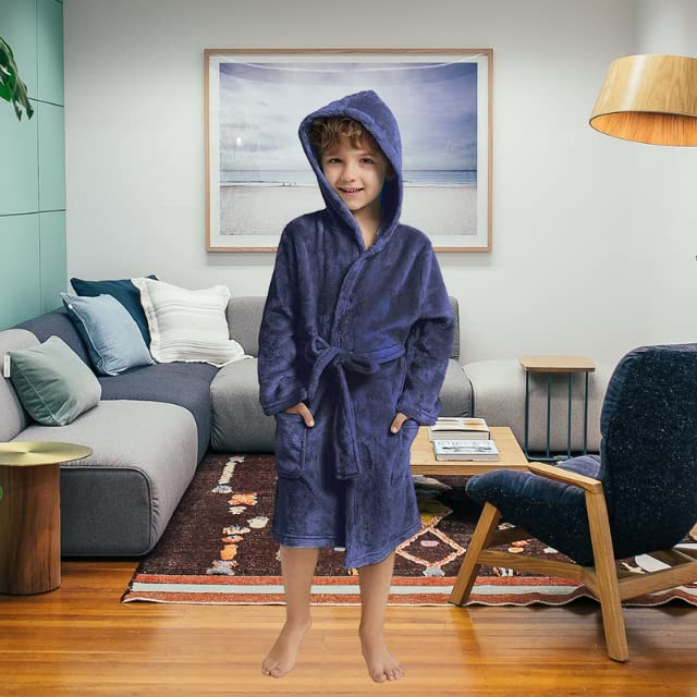 V.&GRIN Boys Fleece Robe, Hooded Toddler Soft Fuzzy Bathrobe for Kids 3-14 Years（Navy 7-8