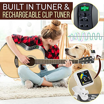 Pyle Acoustic Electric Cutaway Guitar 3/4 Scale 36” Steel String Spruce Wood w/Gig Bag, 4-Band EQ, Clip On and Onboard Tuner, Picks, Shoulder Strap for Beginners and Students