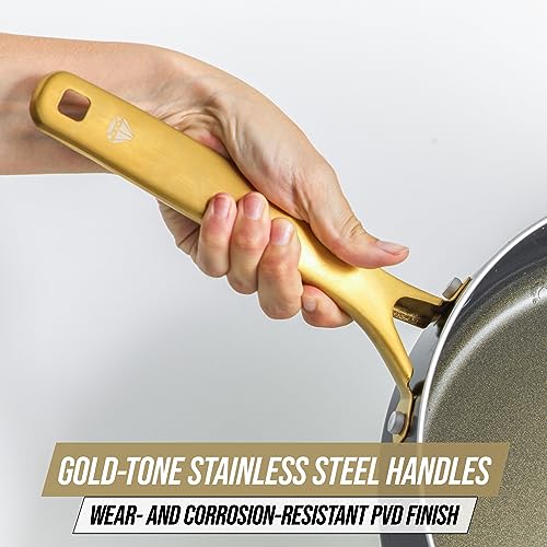 Blue Diamond Gold 10 Piece Cookware Set,Ceramic Nonstick, PFOA Free, Induction Suitable, Dishwasher Safe, Gold Handle, Black