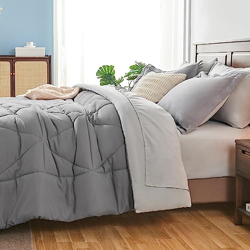 BEDELITE Queen Comforter Set 7 Pieces Bed in A Bag - Soft Microfiber Reversible Grey Bed Set with Comforters, Sheets, Pillowcases & Shams, Cozy Luxury Bedding Sets for All Season