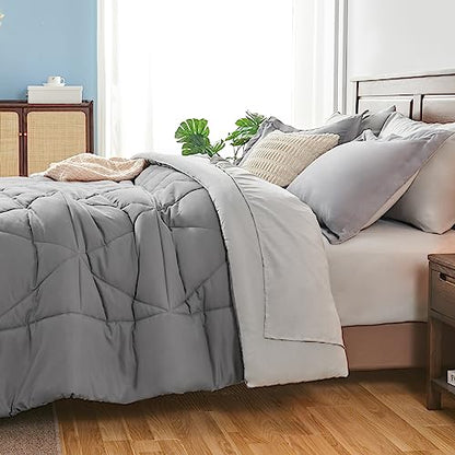 BEDELITE Queen Comforter Set 7 Pieces Bed in A Bag - Soft Microfiber Reversible Grey Bed Set with Comforters, Sheets, Pillowcases & Shams, Cozy Luxury Bedding Sets for All Season