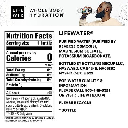 LIFEWTR Premium Purified Water pH Balanced with Electrolytes, 100% recycled plastic bottles, 16.9 Fl Oz Bottles, 500ml (Pack of 12)