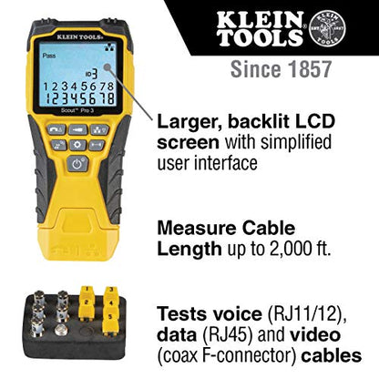 Klein Tools The Scout Pro 3 Tester Starter Kit is a versatile cable tester that locates and tests voice, data and video cables.
