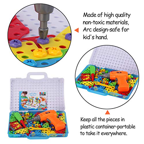 Haifeng 193 Pieces STEM Drill Toys Kit, DIY Creative Mosaic Drill Set for Kids, Construction Engineering Building Blocks Learning Kit for Ages 3-10 Years Old, Creative Games & Fun Activity