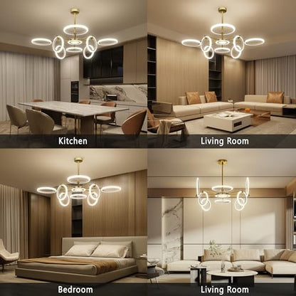 OUQI Dimmable Ceiling Light Fixture,Led Flush Mount Ceiling Light, Morden Gold Round Chandelier,7000K Ceiling Lights With Remote,Adjustable highness Chandelier For Dinning Room, Living Room,Bedroom