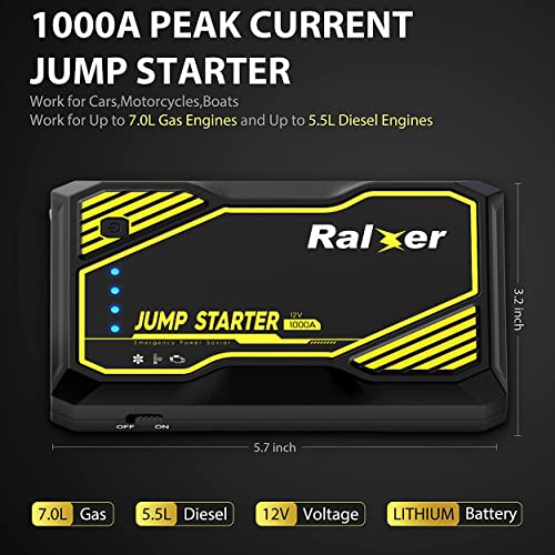 RALXER 1000A Peak Portable Car Jump Starter (Up to 7.0L Gas or 5.5L Diesel Engine), Jump Starter Battery Pack 12V Battery Jump Starters with LED Light
