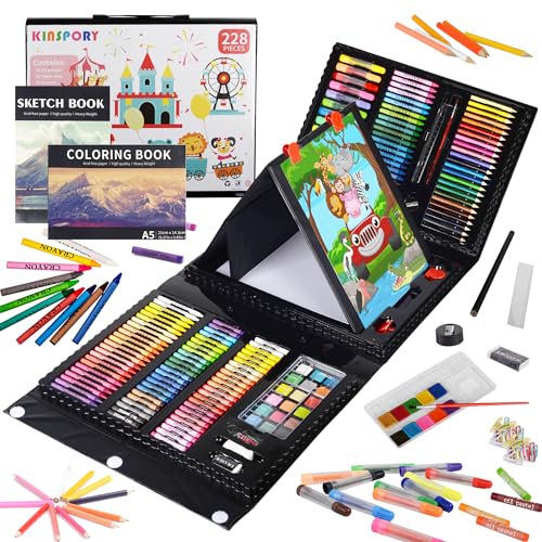KINSPORY Art Supplies, 228 Pack Art Sets Crafts Drawing Coloring kit, Double-Side Trifold Easel, Oil Pastels, Crayons, Colored Pencils, Creative Gift for Beginners Artists Girls Boys Kids (Black)