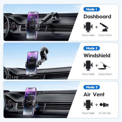 Eyemay 2023 Upgraded Phone Holder Car - [ Bumpy Roads Friendly ] Phone Mount for Car Dashboard Windshield Air Vent 3 in 1, Hand Free Mount for iPhone 15 14 13 12 Pro Max Samsung All Cell Phones