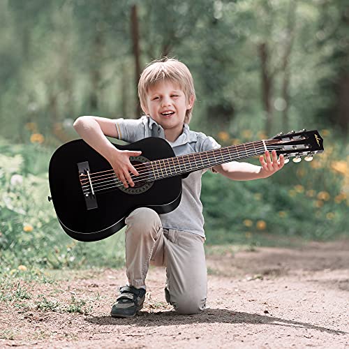 ADM Beginner Acoustic Classical Guitar 30 Inch Nylon Strings Wooden Guitar Bundle Kit for Kid Boy Girl Student Youth Guitarra Free Online Lessons with Gig Bag, Strap, Tuner, String, Pick, Black Color