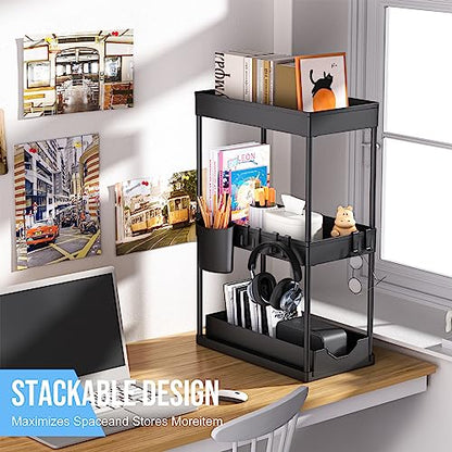2 Pack Under Sink Organizer, 2 Tier Under Bathroom Cabinet Organizer 6 Hooks 1 Cup, Pull Out Cabinet Basket Organizer for Under the Kitchen Bathroom Sink Organizers and Storage
