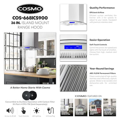 COSMO 668ICS900 36 in. Island Range Hood with 380 CFM, 3 Speeds, Ducted, Permanent Filters, Soft Touch Controls, LED Lights, Curved Glass Hood in Stainless Steel